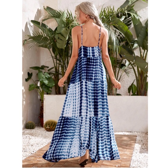 Tie Dye Blue White V-Neck Maxi Flared Dress - Picture 2 of 6